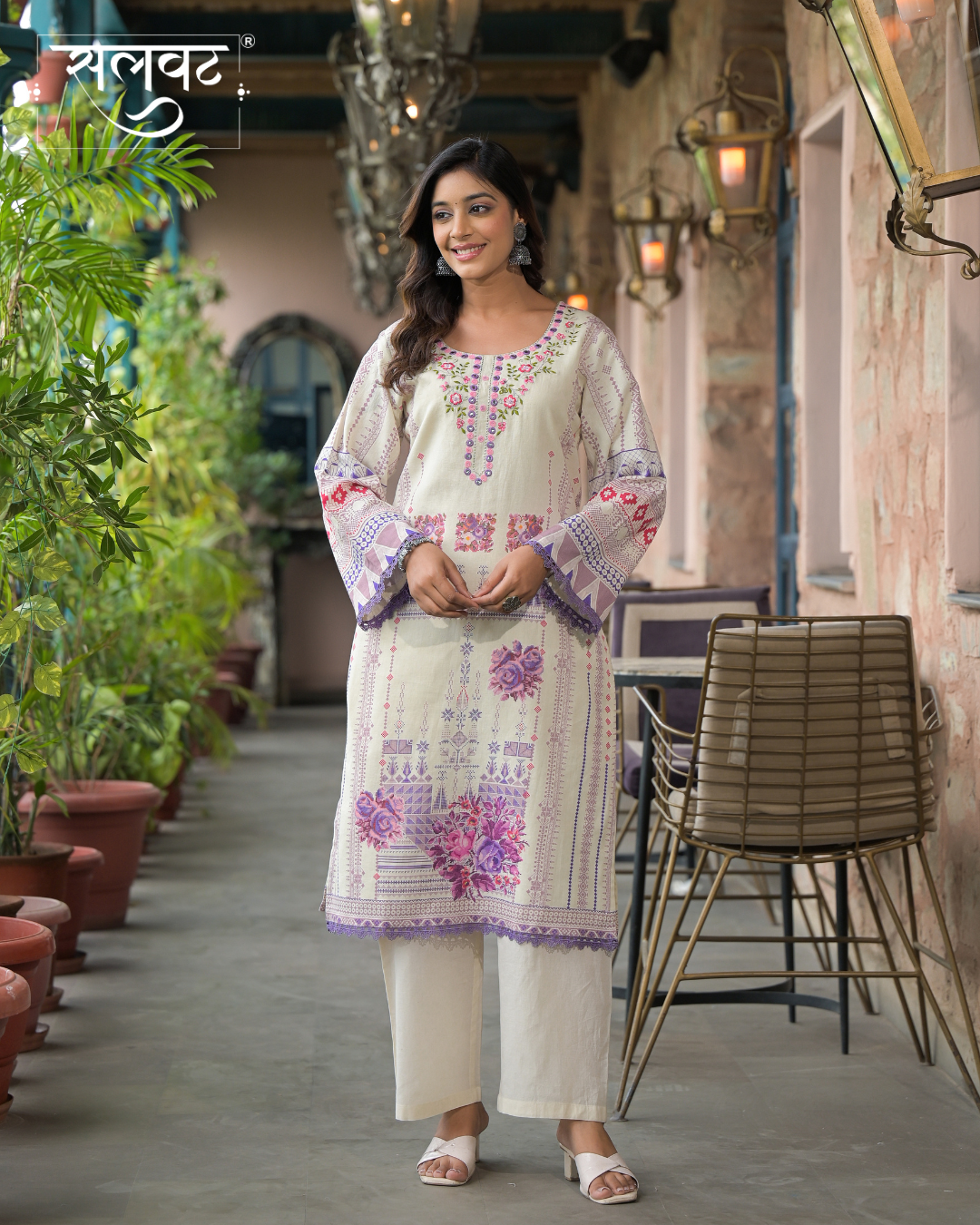 Light Cream Printed Handwork Kurta Set With Printed Dupatta
