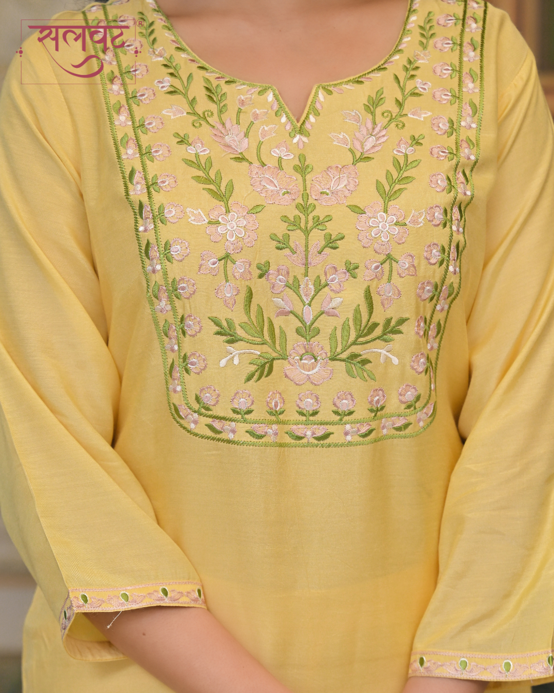 Bright Citrus Yellow Muslin Thread Embroidered Kurta Set With Printed Dupatta