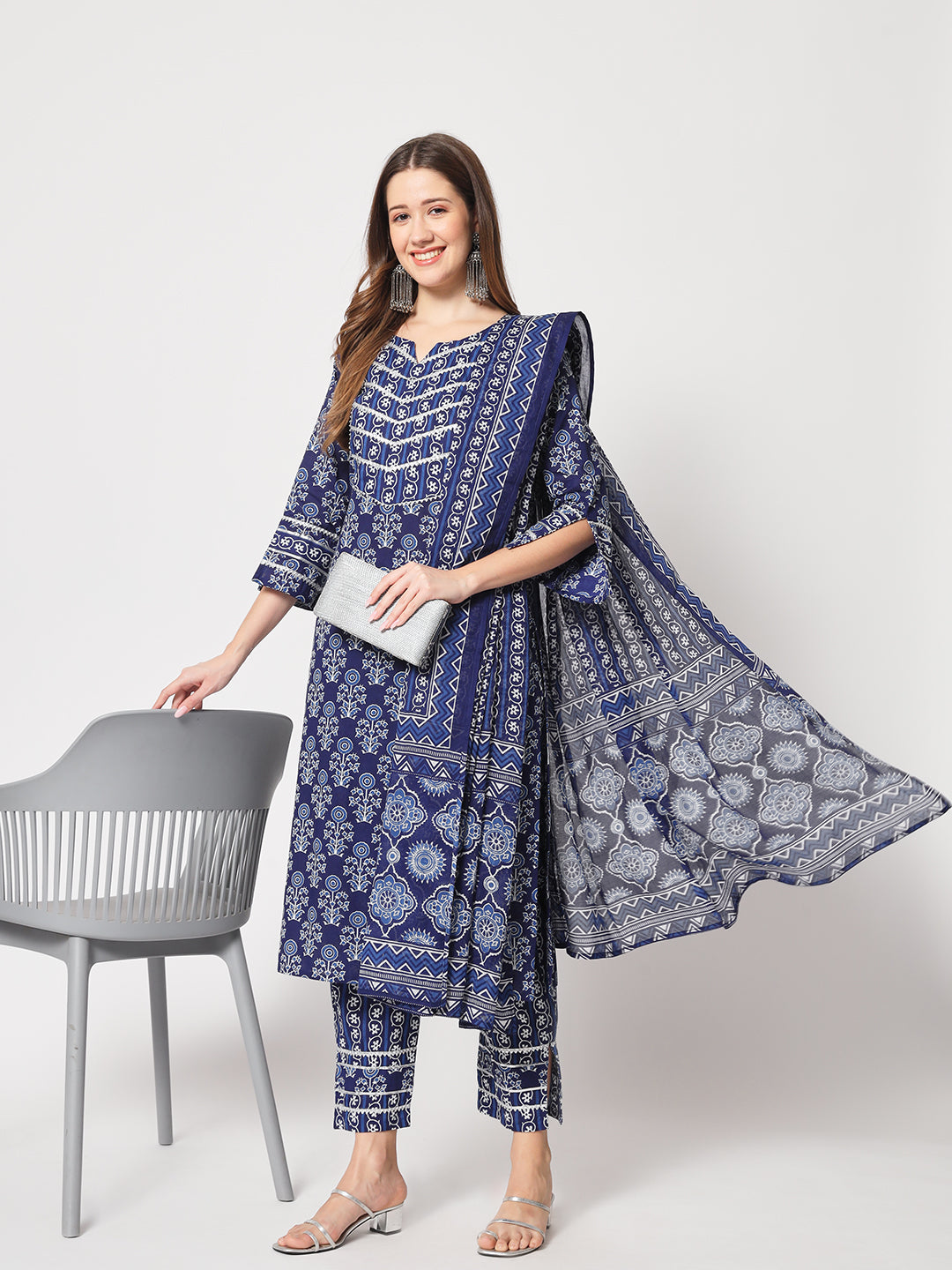 Navy blue printed cotton kurta set with dupatta.