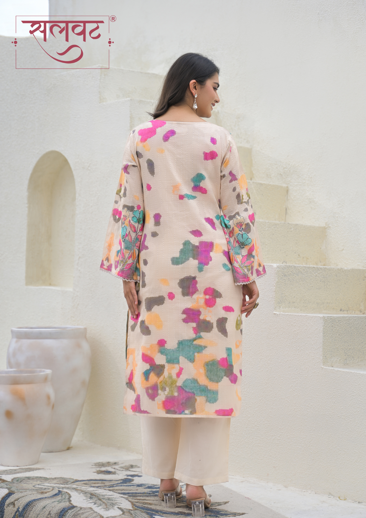 Camel Beige Colorful Floral Printed Kurta Set With Dupatta