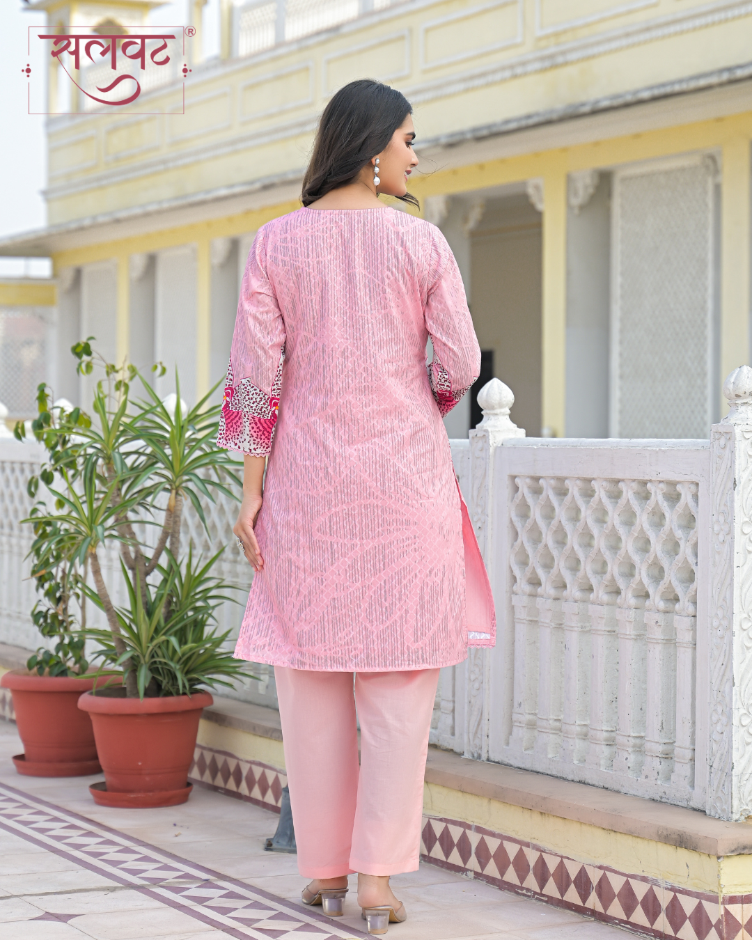 Pale Pink & White Pure Cotton Abstract Printed Handwork Kurta Set