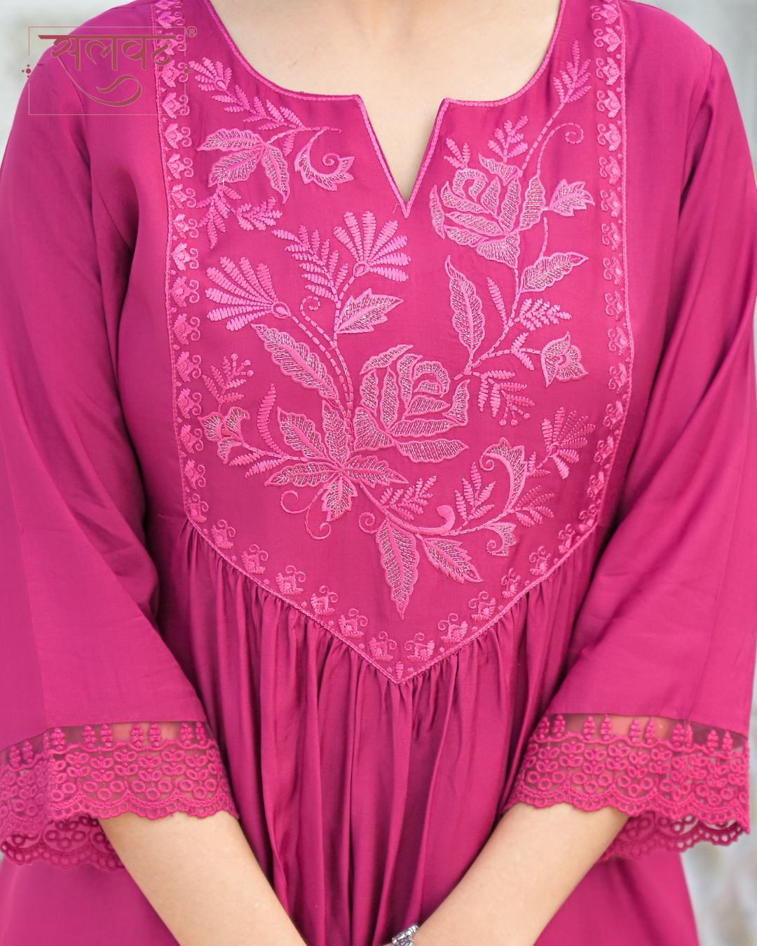 Ruby Garnet Wine Thread & Zari Embroidered Kurta Set With Printed Dupatta