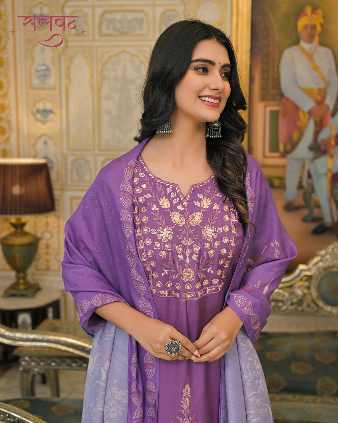 Plum Purple Muslin Thread Embroidered Kurta Set With Dupatta