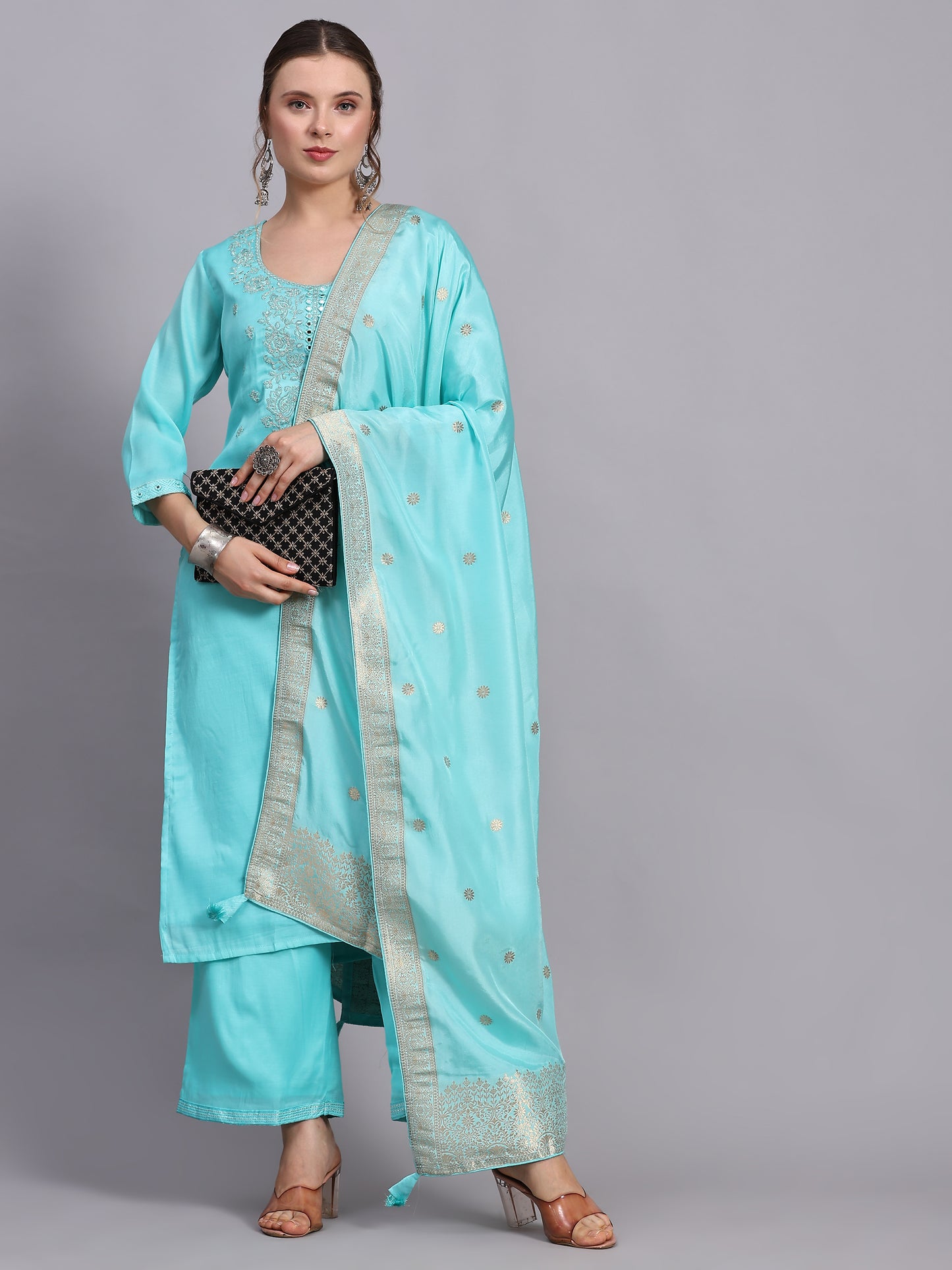 Turquoise zari work suit set