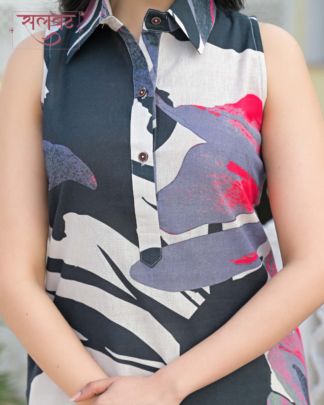 Slate Grey & Cream Abstract Pink Flowers Printed Kurta Set