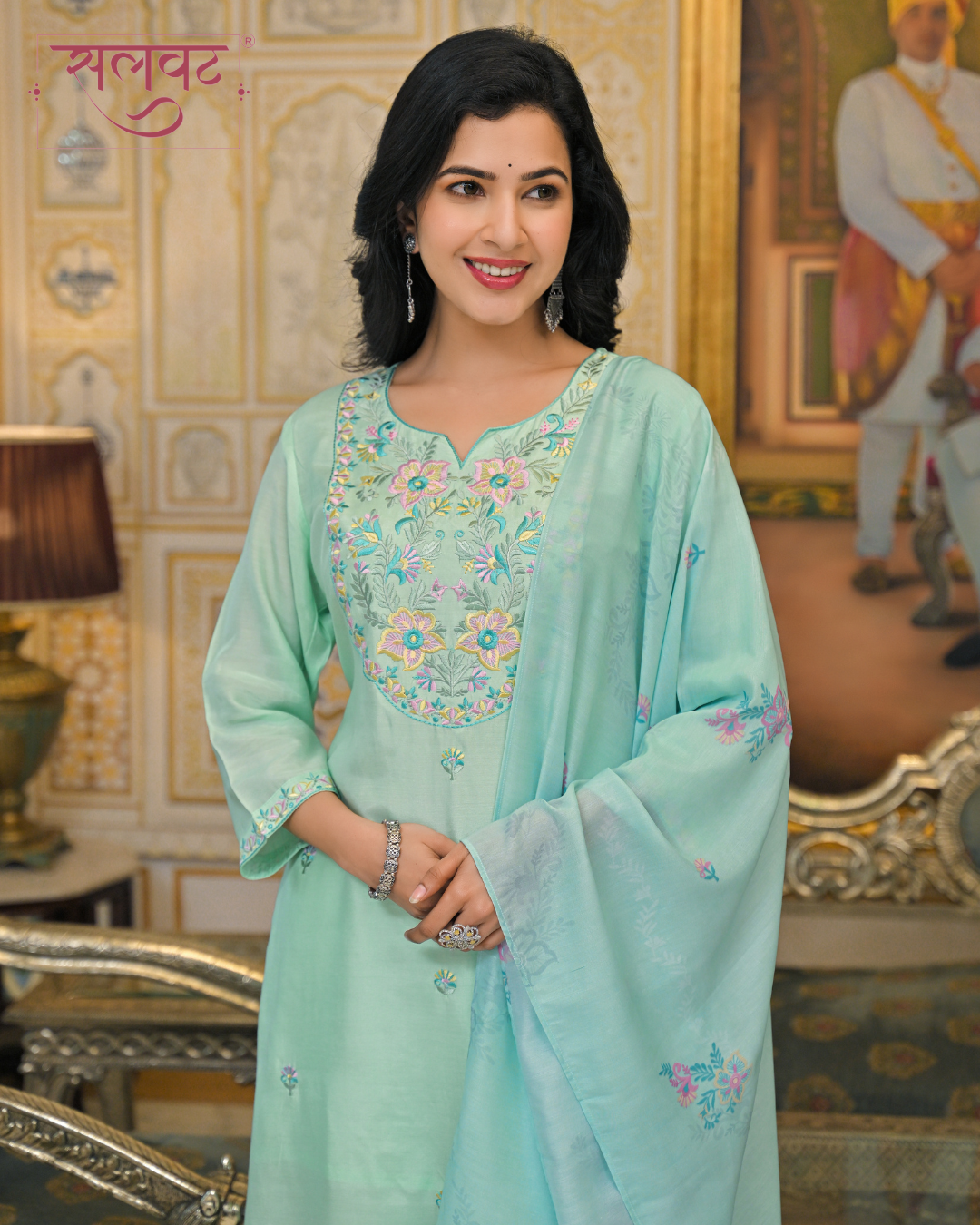 Seafoam Green Embroidered Kurta Set With Printed Dupatta
