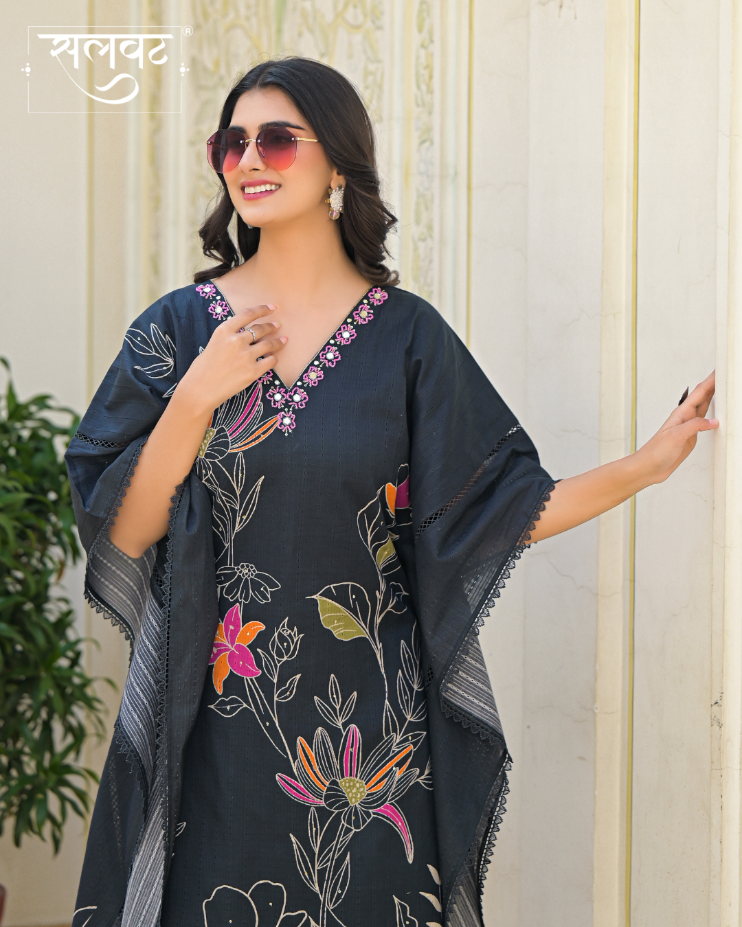 Charcoal Black Abstract Printed Handwork Kaftan Set