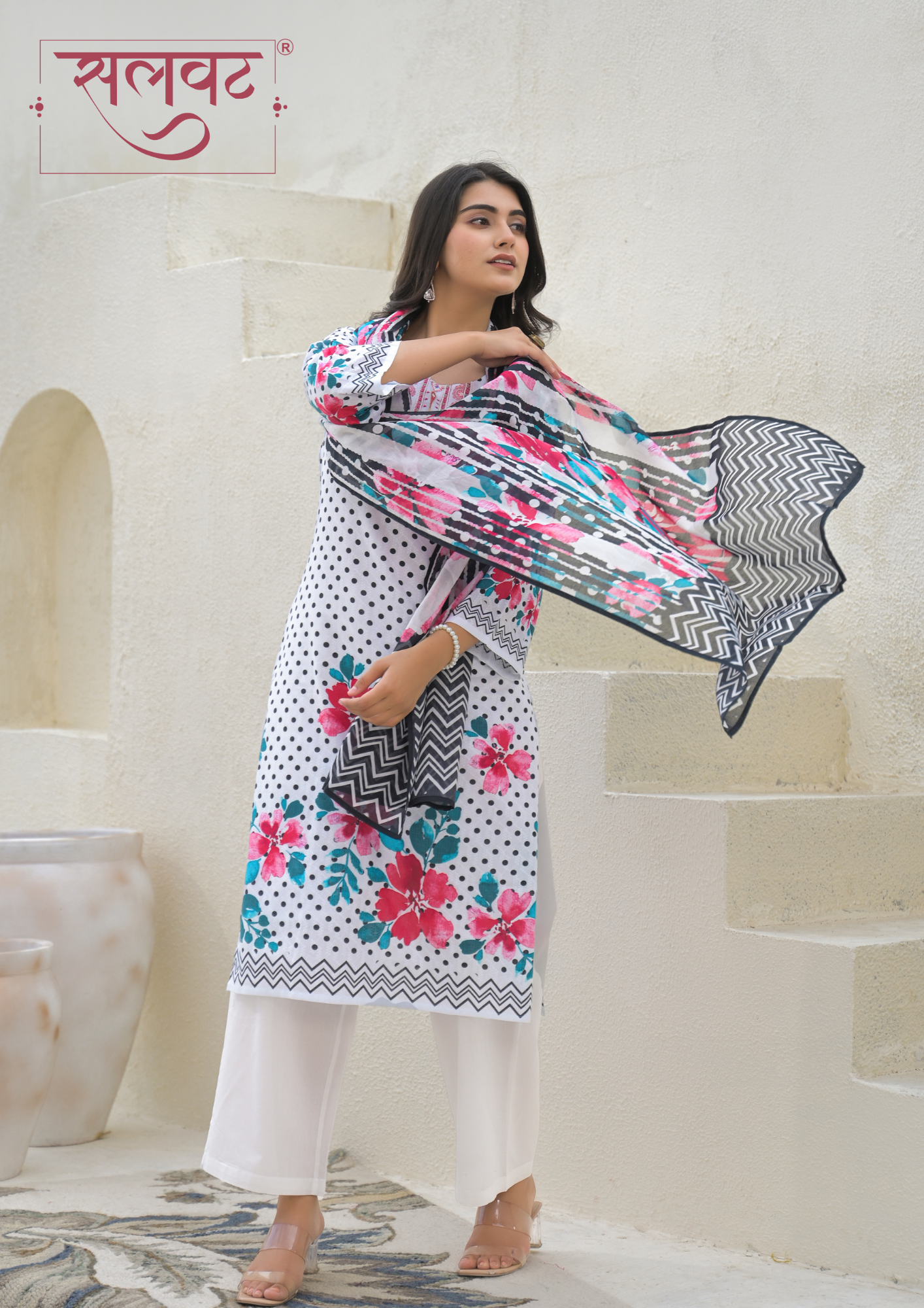 White & Black Polka Dots Printed Handwork Kurta Set With Printed Dupatta