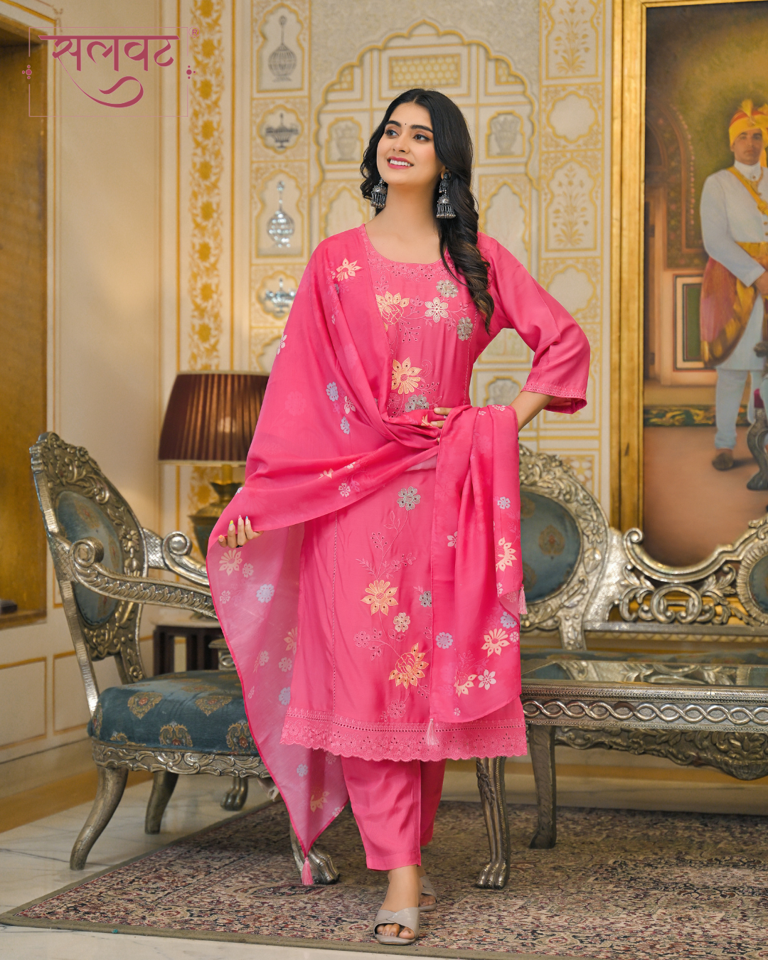 Carnation Blush Embroidered Kurta set with Printed Dupatta