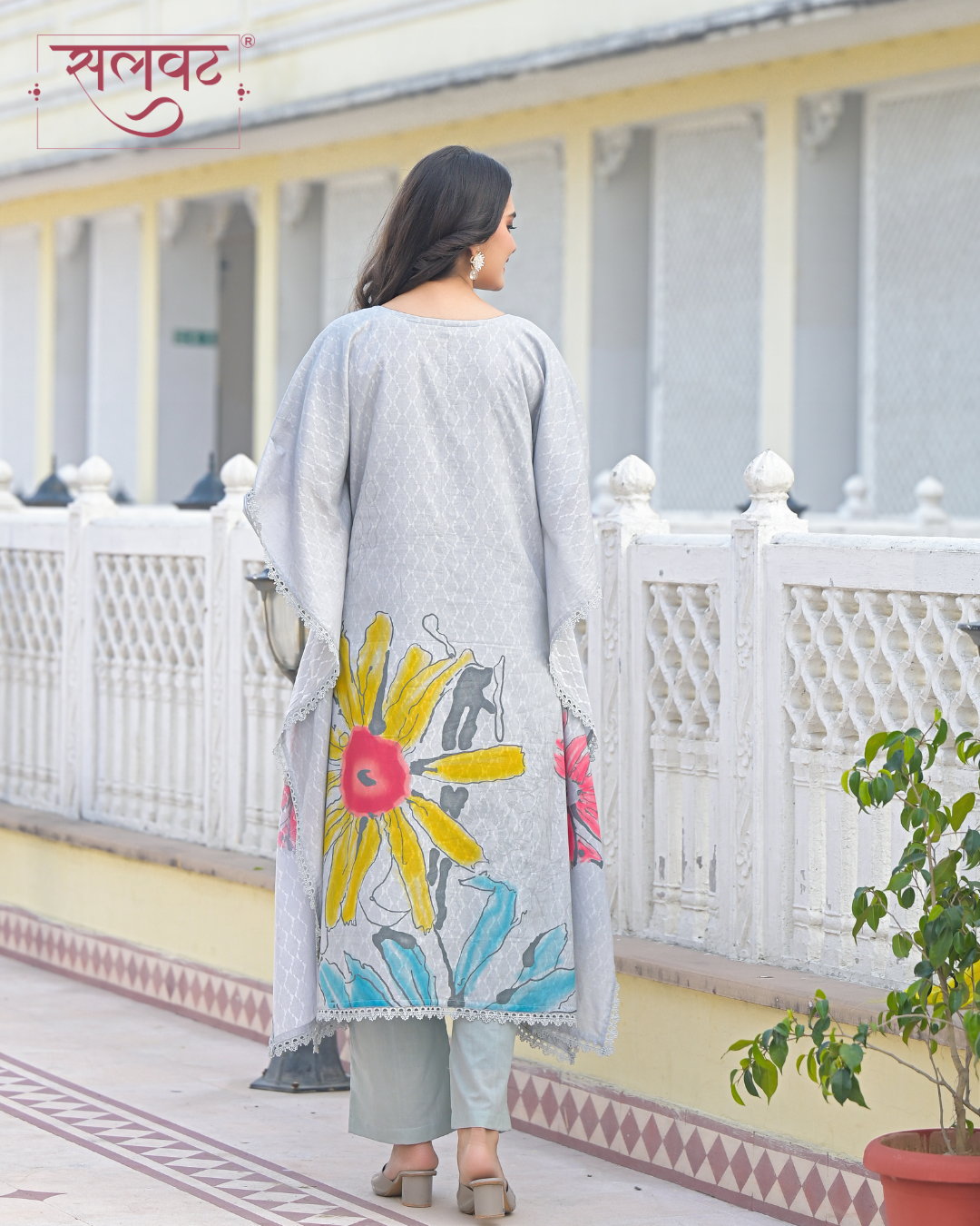 Slate Grey Abstract Printed Handwork Kaftan Set