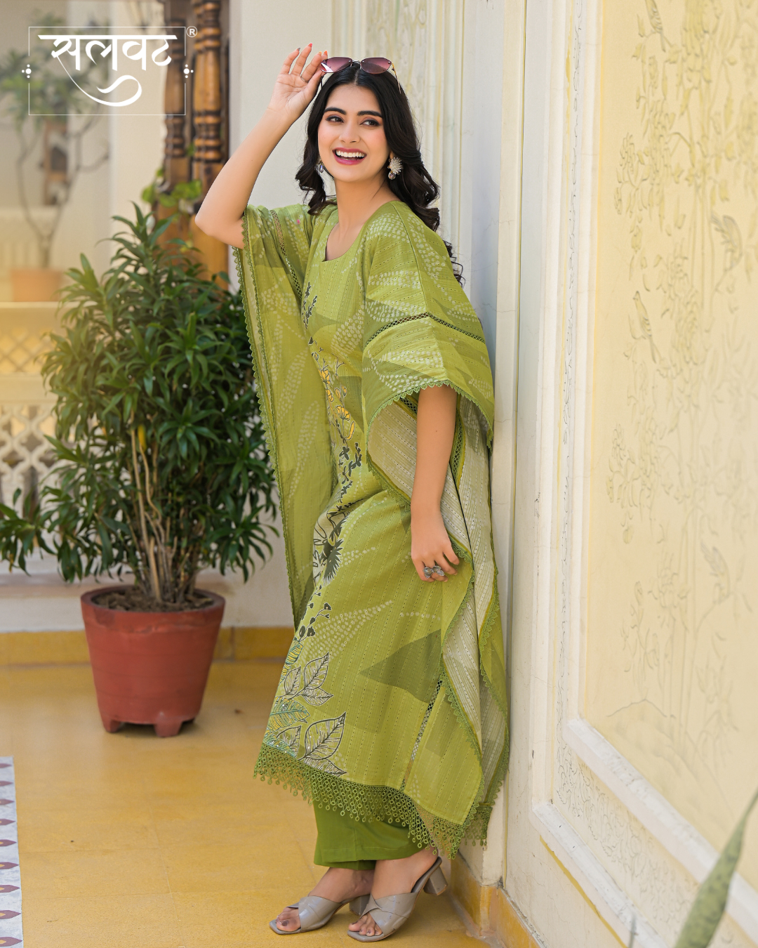 Green Printed Sequins Embellished Kaftan Set
