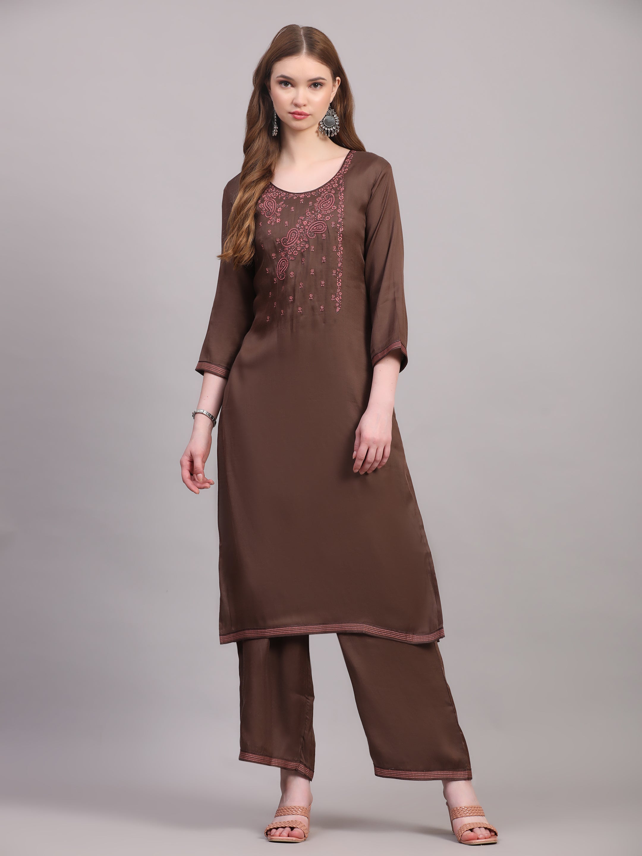 Brown Zari Embroidered Suit Set with Dola Silk Dupatta