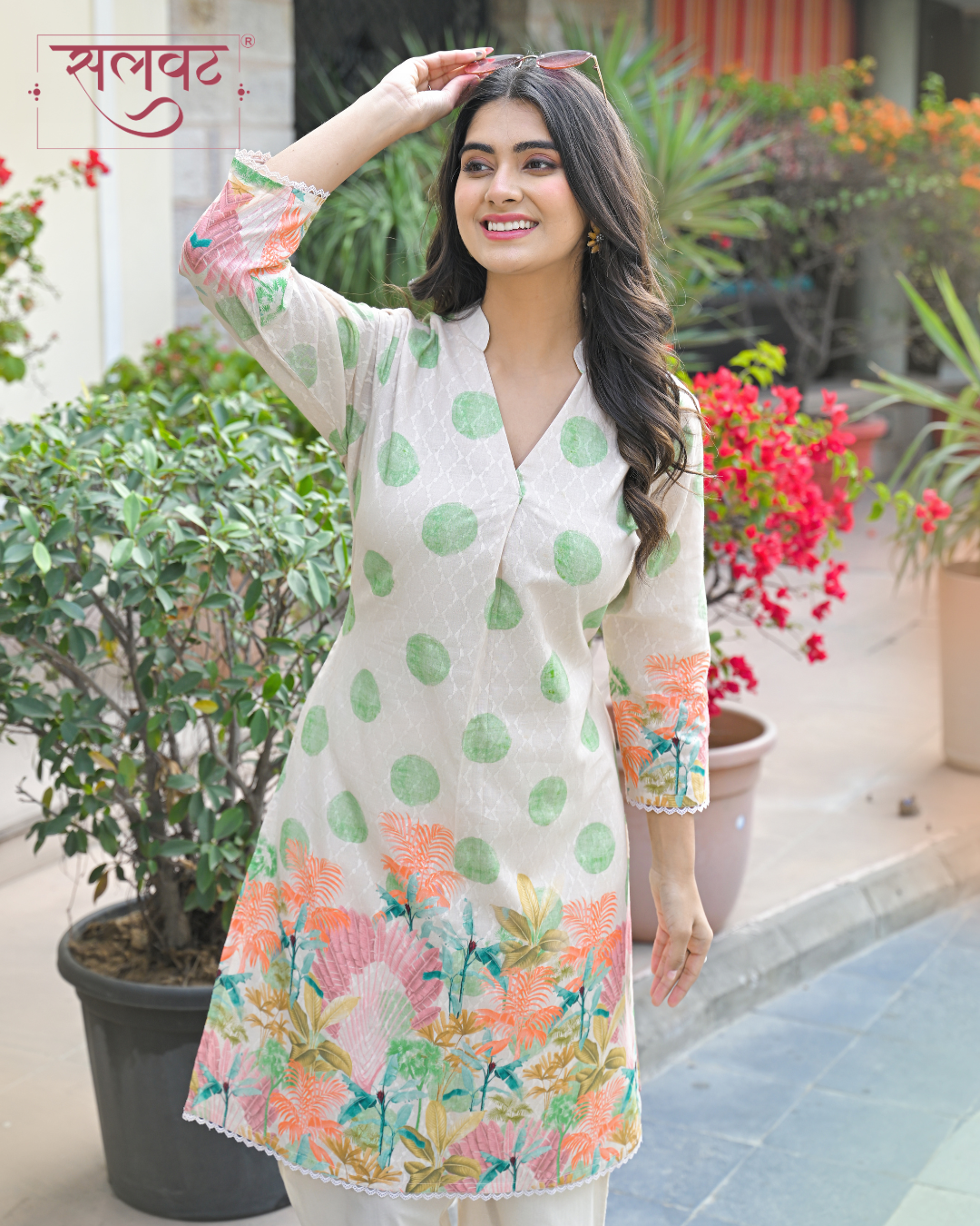 Green Polka & Abstract Flowers Printed Beige Kurta Set