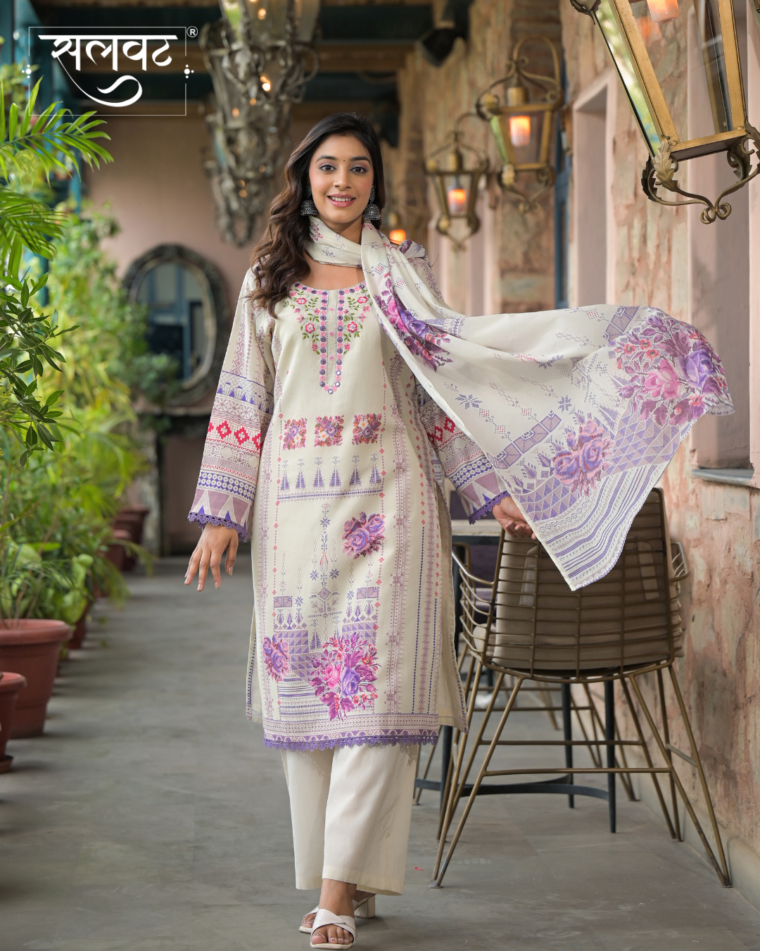 Light Cream Printed Handwork Kurta Set With Printed Dupatta
