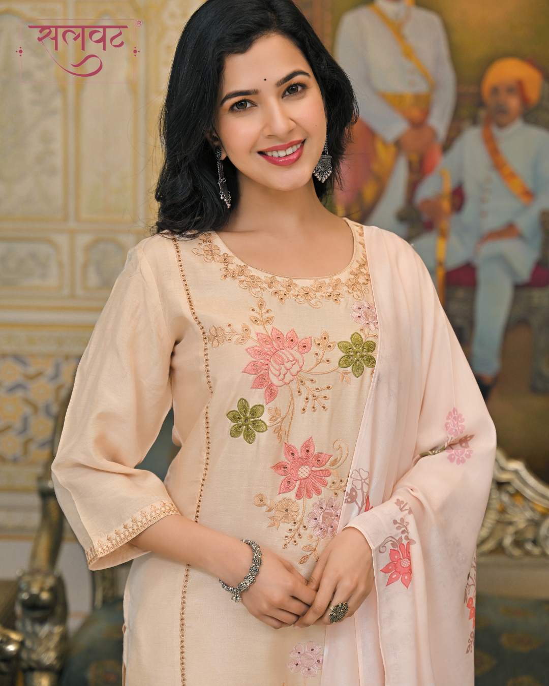 Light Caramel Embroidered Kurta Set With Printed Dupatta