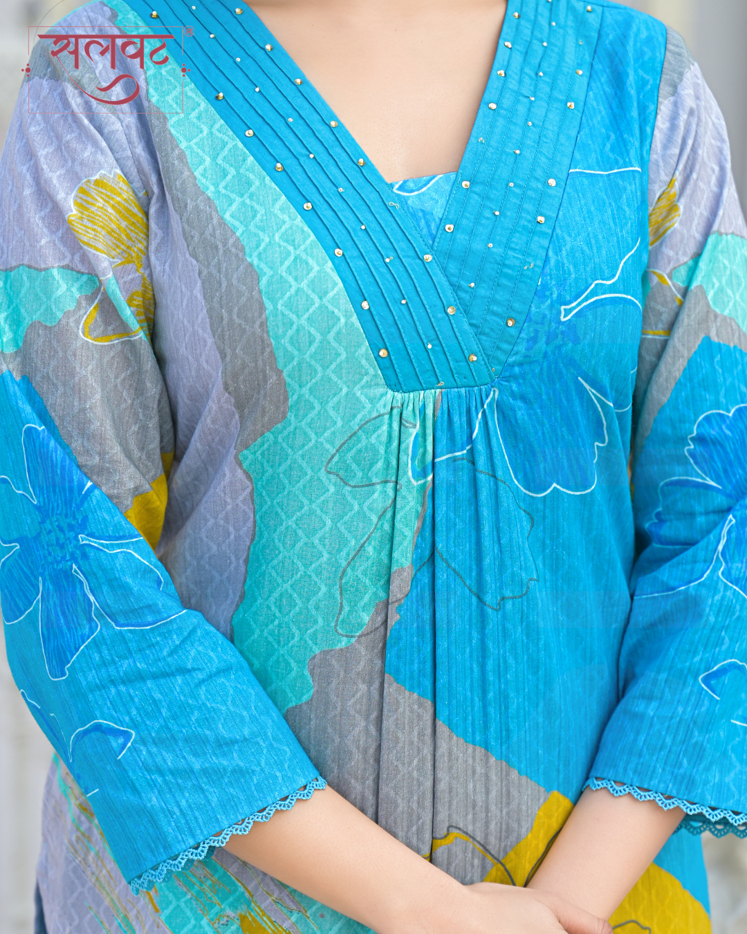 Bright Blue Abstract Printed Handwork Kurta Set