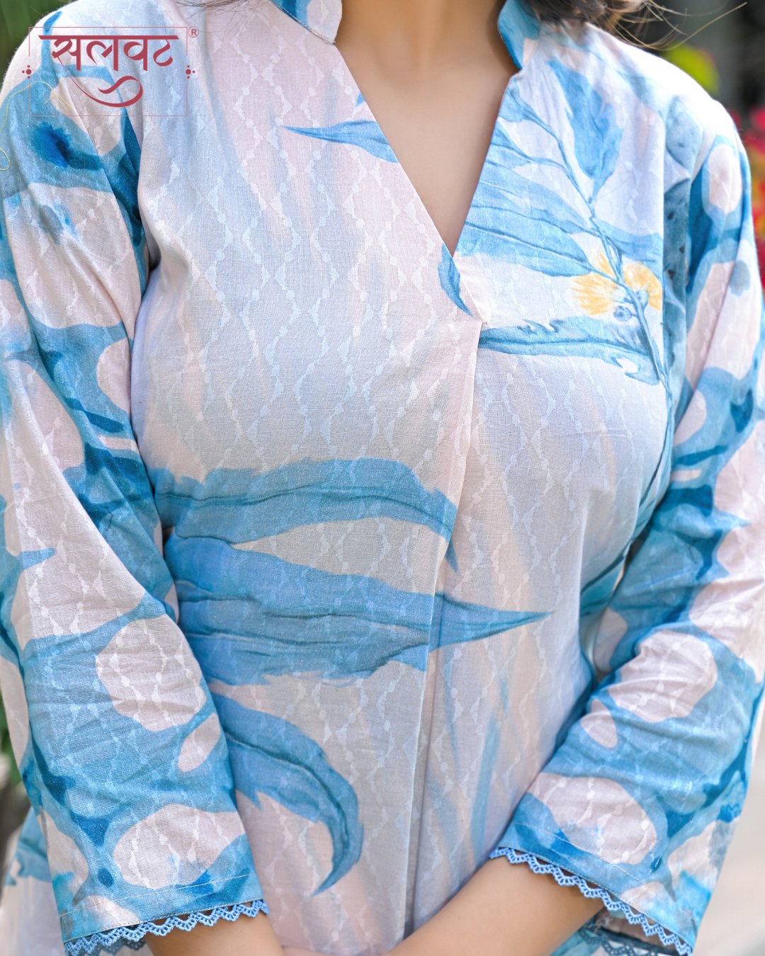 Cream & Light Blue Printed Kurta Set