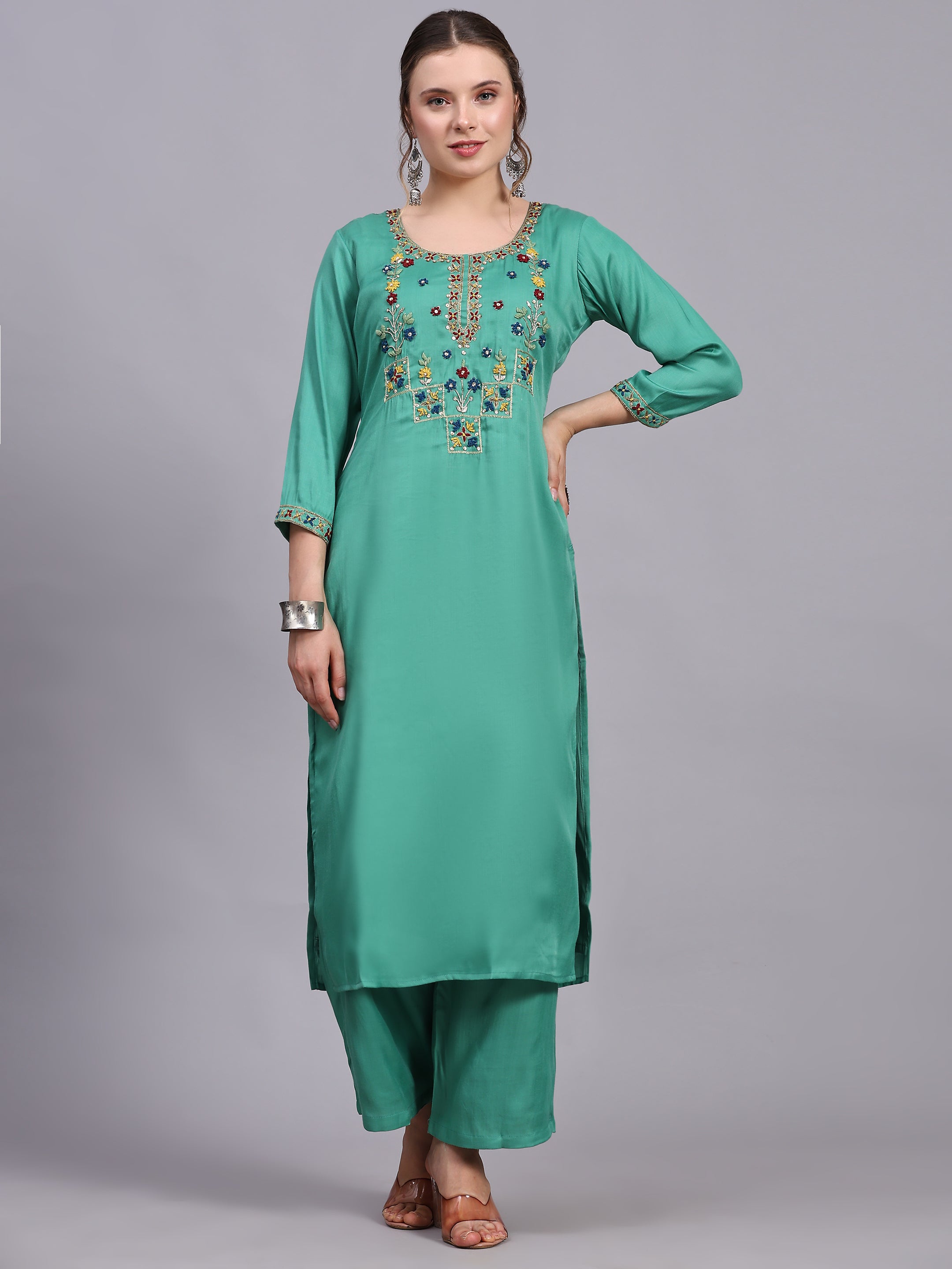 Green Viscose Silk Blend Kurta Set with Dupatta