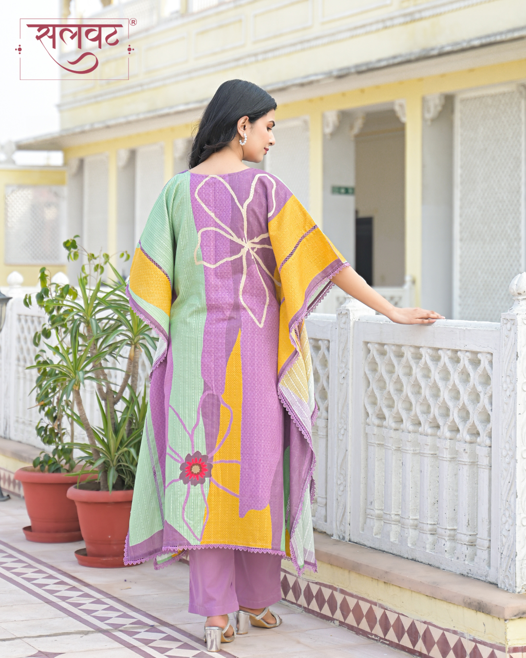 Lilac Abstract Printed Sequins Embellished Kaftan Set