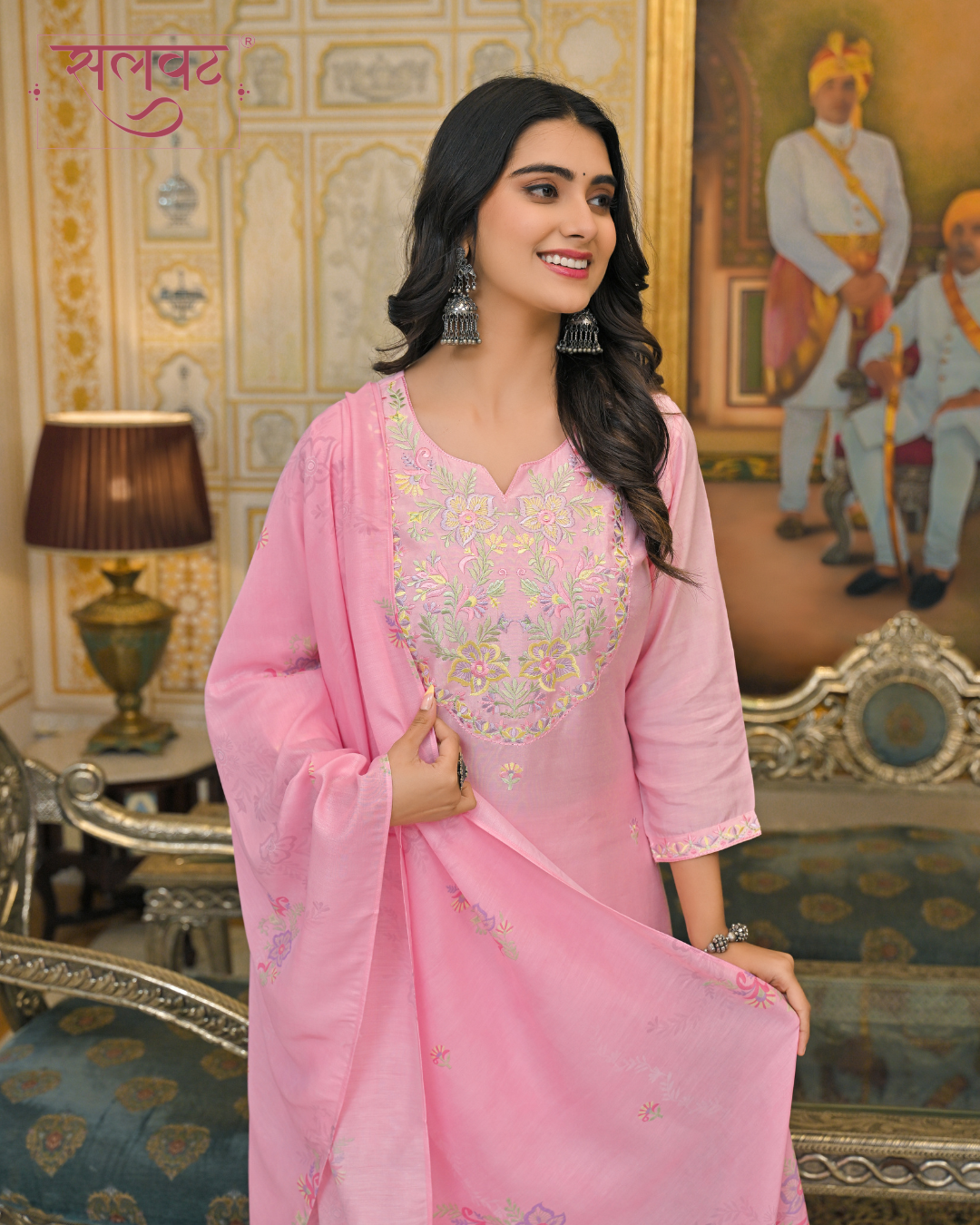 Rose Quartz Embroidered Kurta Set With Printed Dupatta