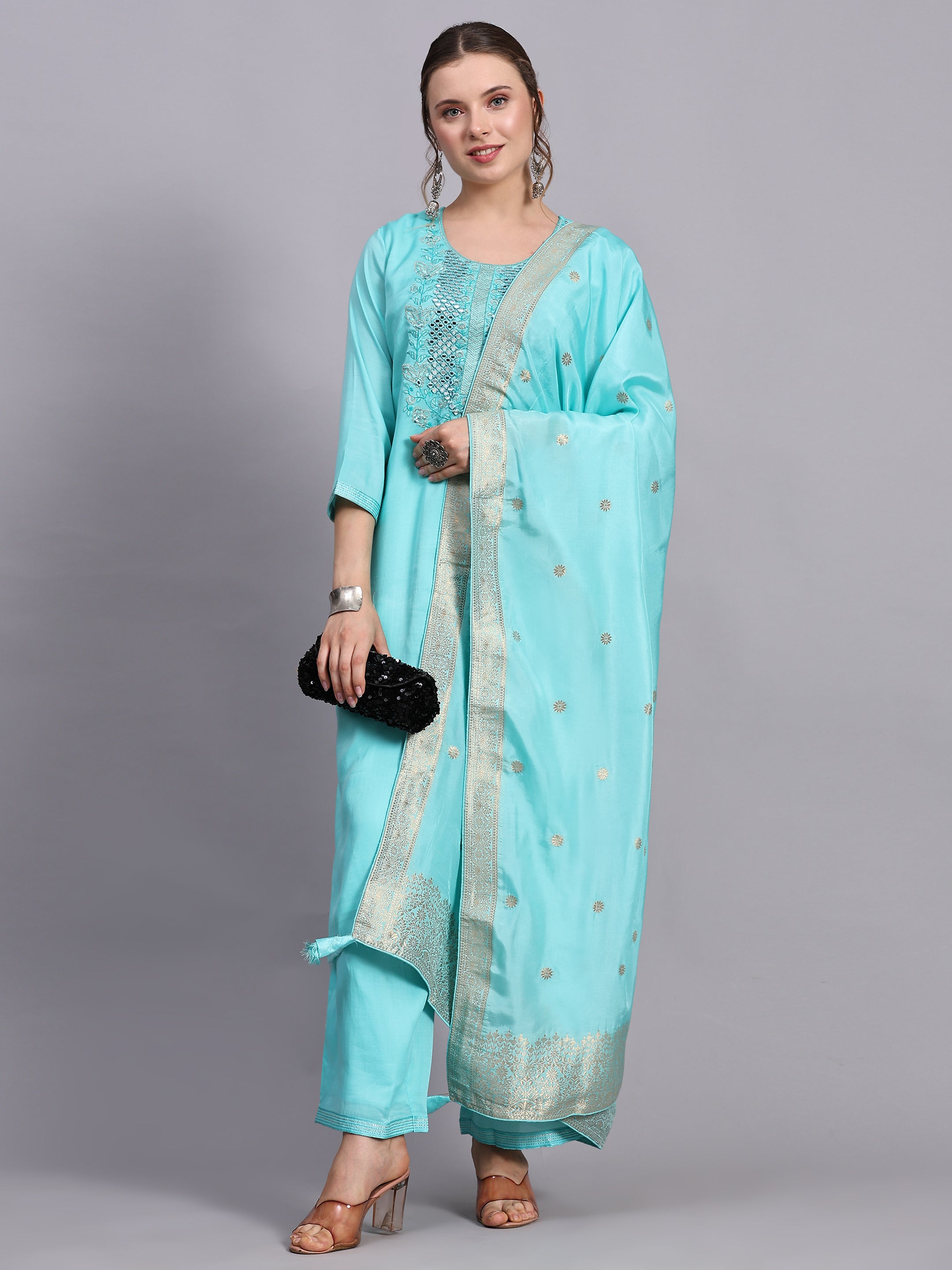 Turquoise Mirror Work Suit Set.