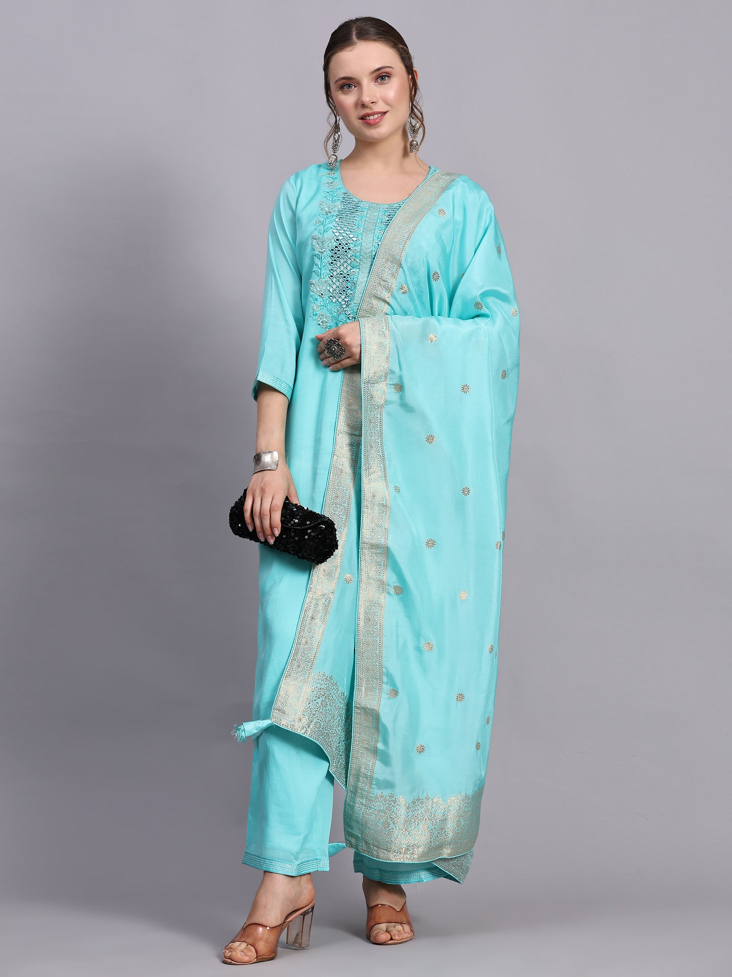 Turquoise Mirror Work Suit Set.
