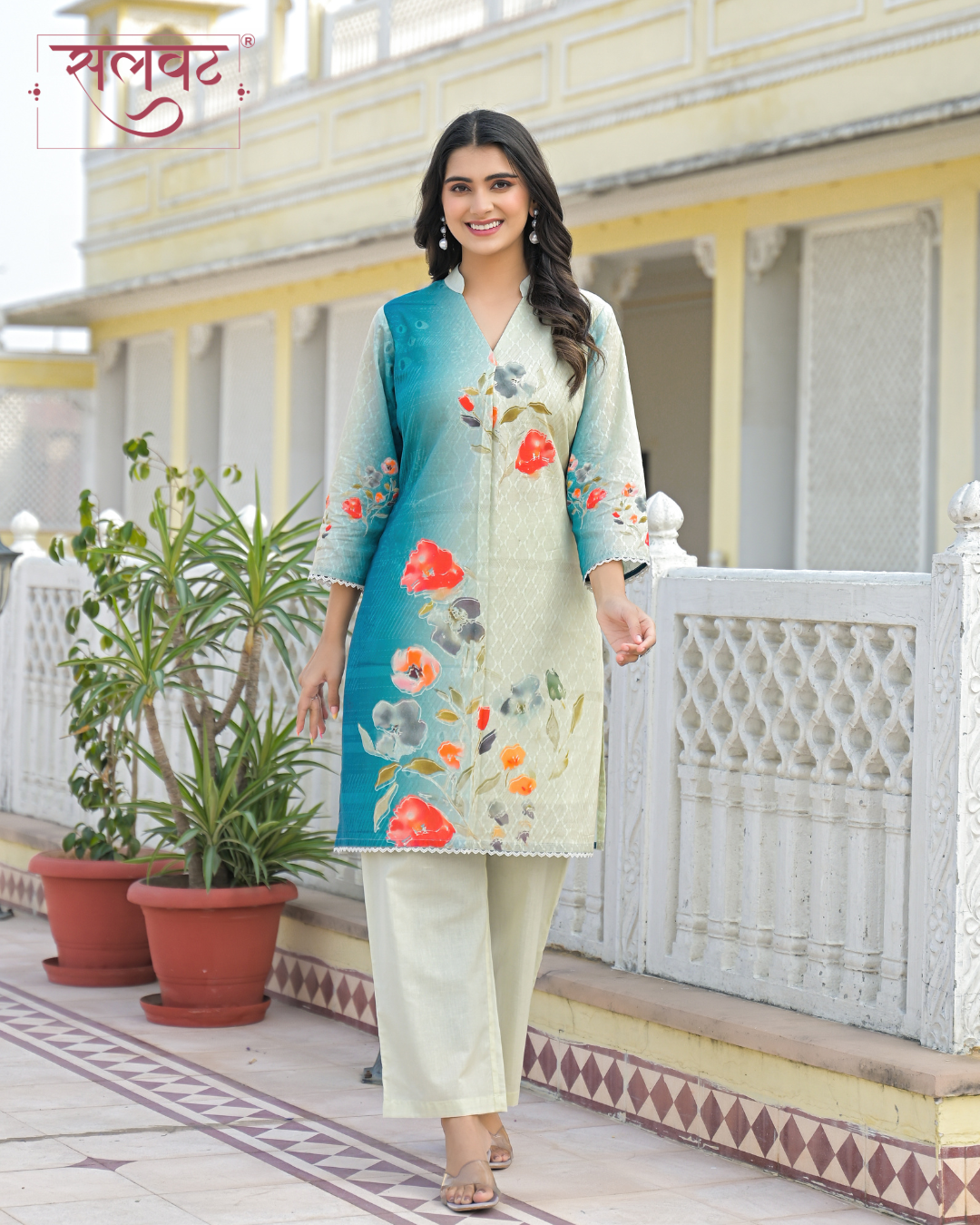 Cream & Turquoise Abstract Printed Kurta Set
