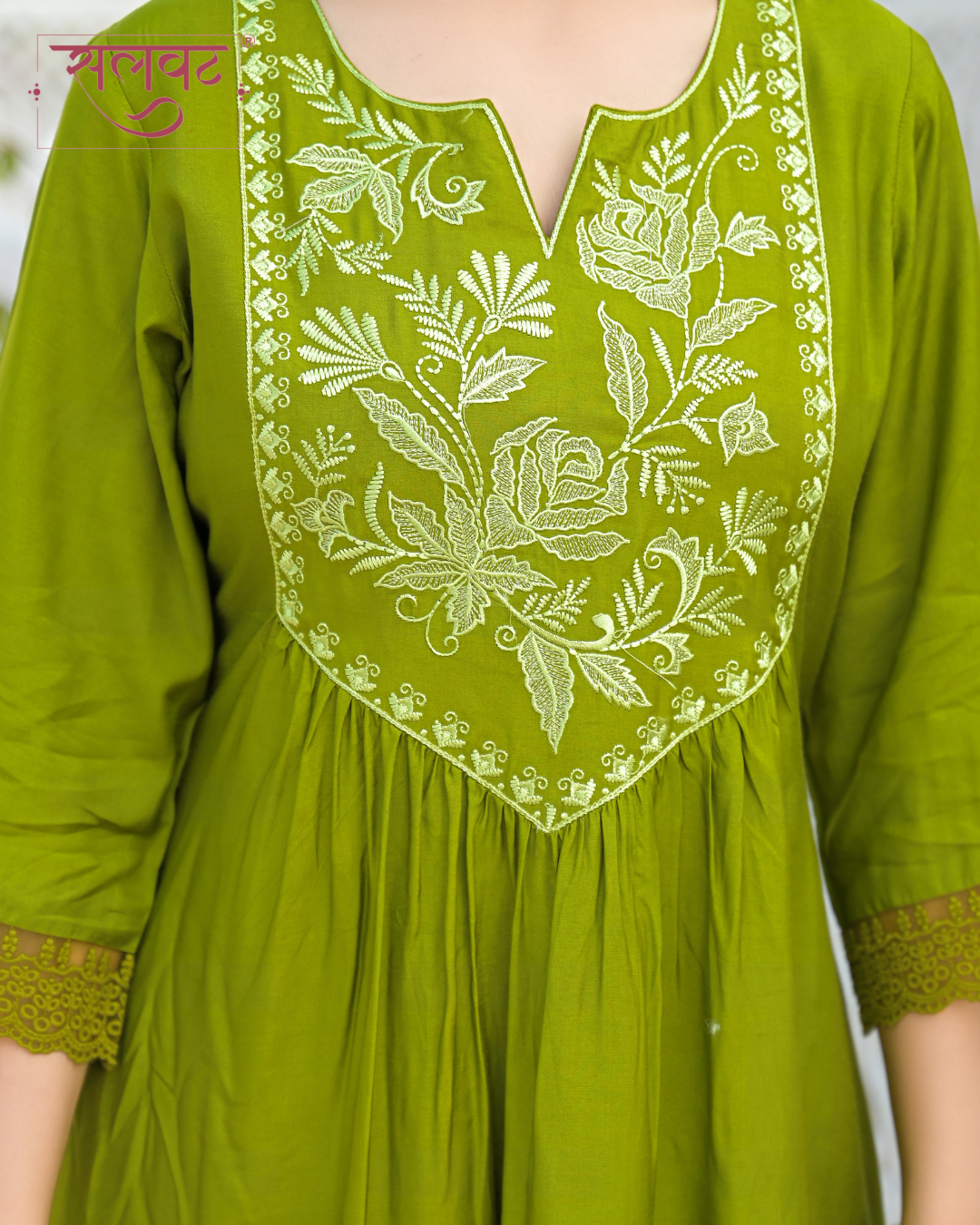 Henna Green Muslin Thread & Zari Embroidered Kurta Set With Printed Dupatta