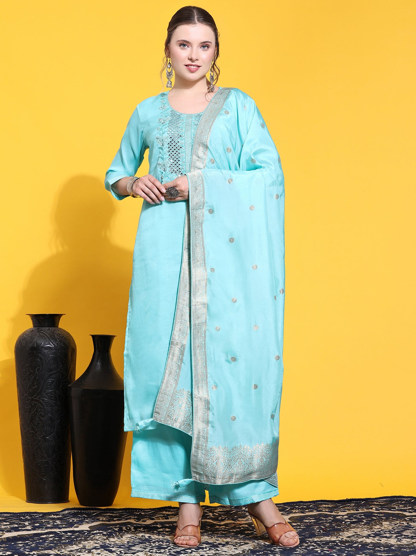 Turquoise Mirror Work Suit Set.