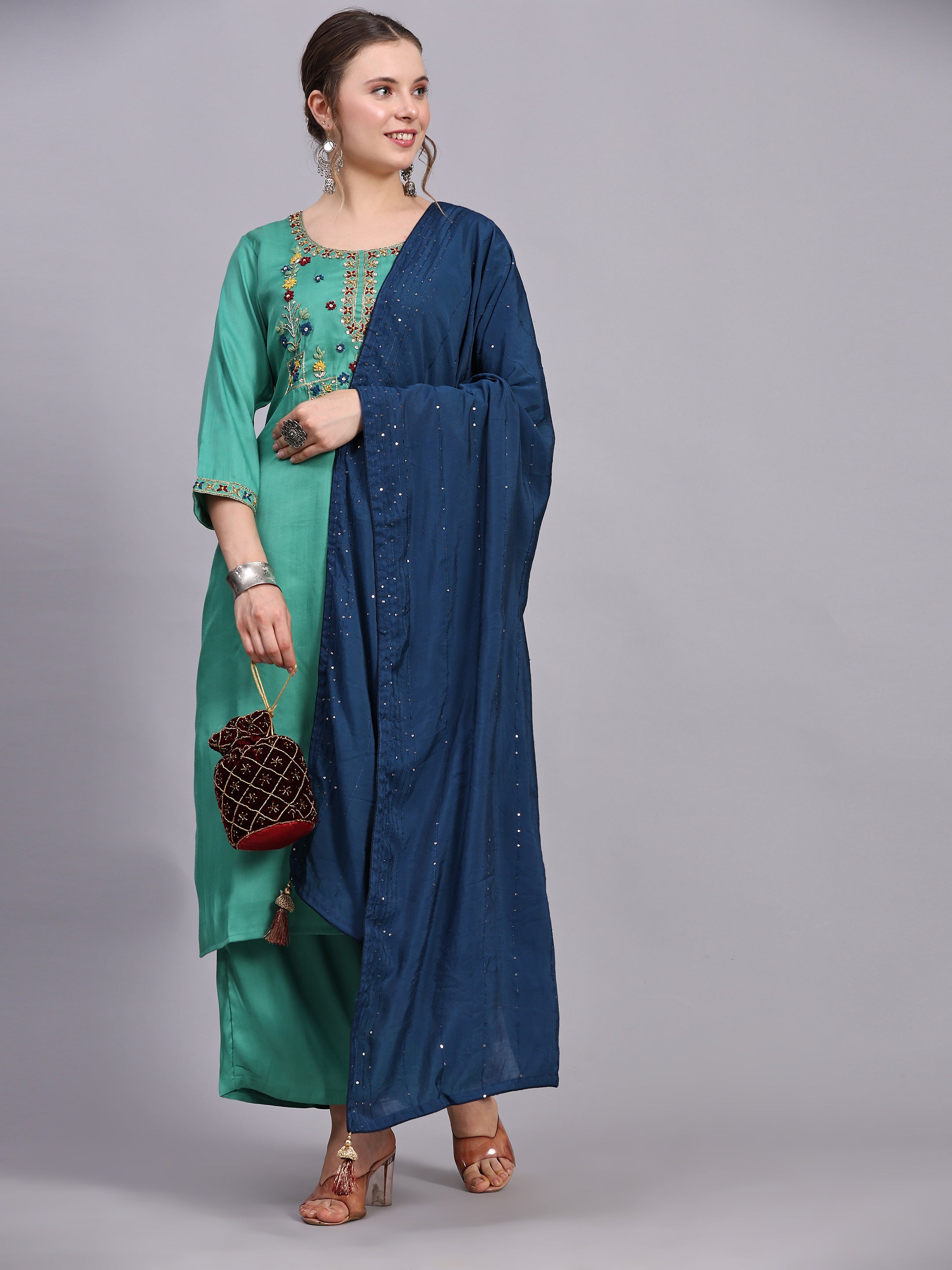Green Viscose Silk Blend Kurta Set with Dupatta