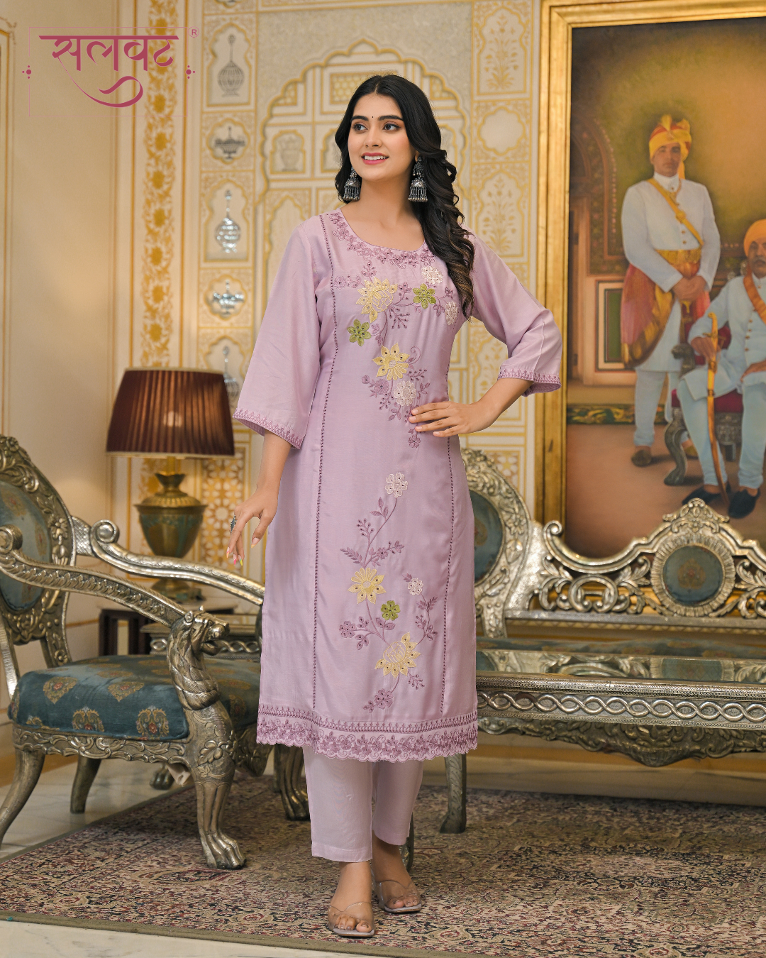 Periwinkle Lilac Embroidered Kurta Set With Printed Dupatta