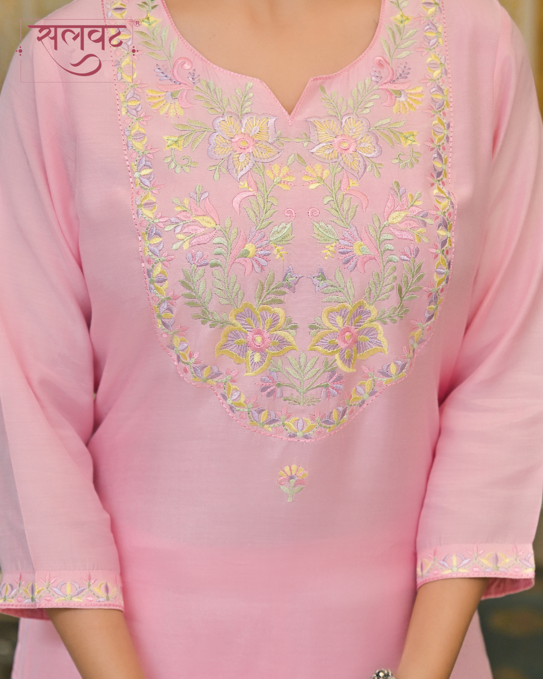 Rose Quartz Embroidered Kurta Set With Printed Dupatta