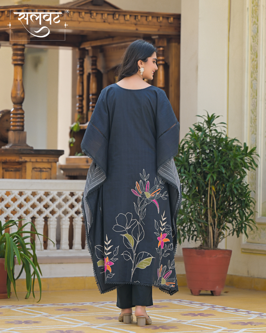 Charcoal Black Abstract Printed Handwork Kaftan Set