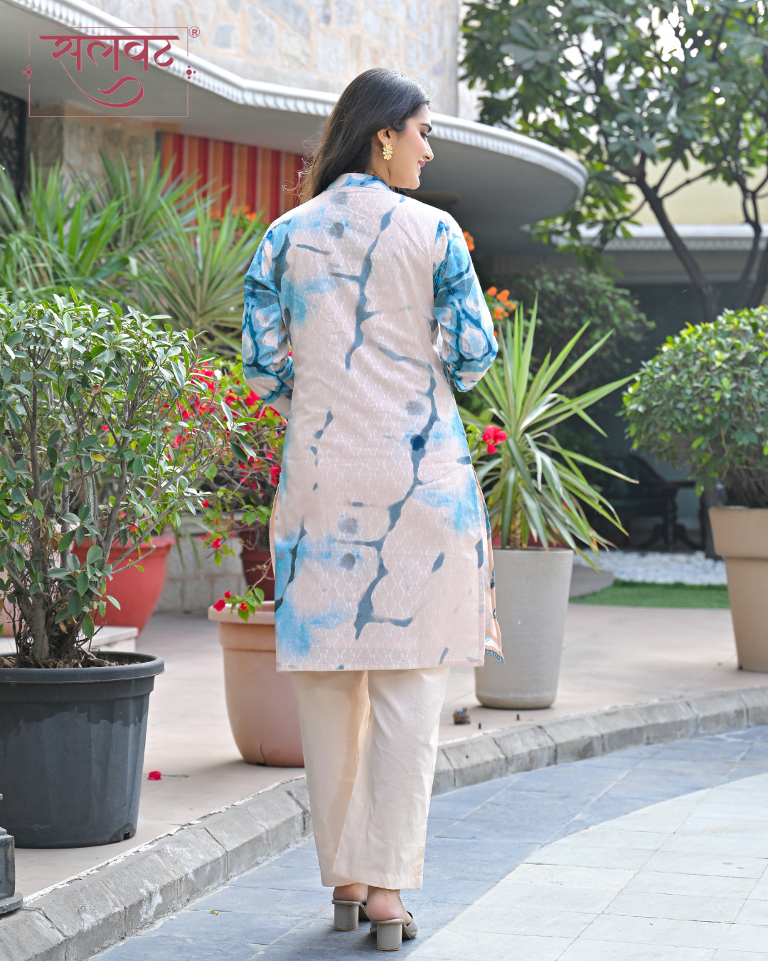 Cream & Light Blue Printed Kurta Set