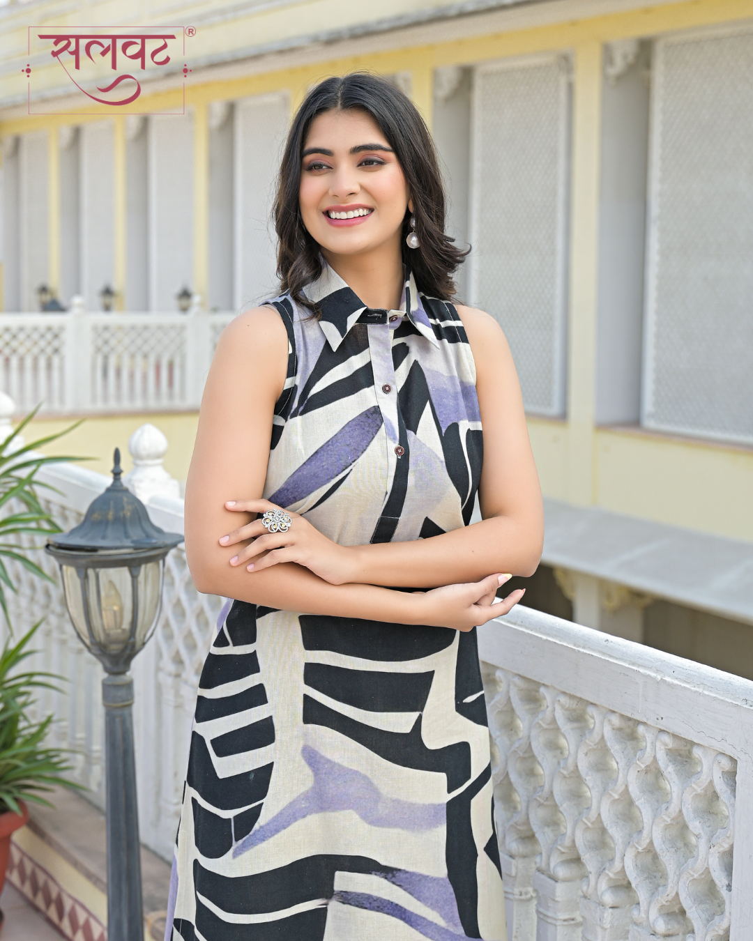 Plae Blue Grey Abstract Printed Kurta Set
