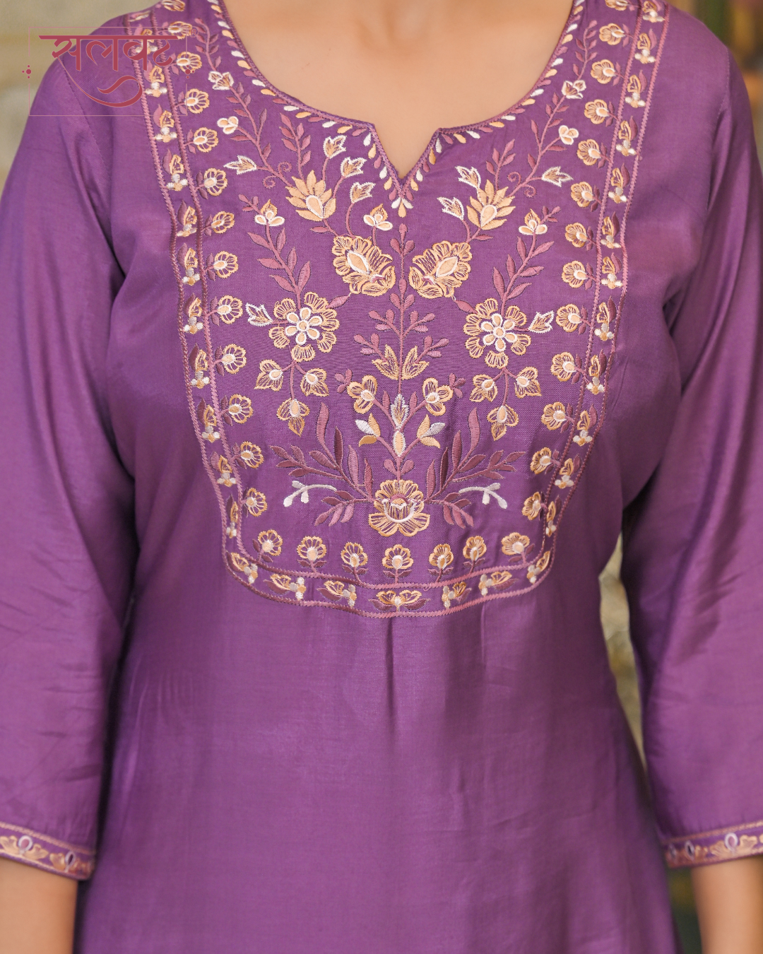 Plum Purple Muslin Thread Embroidered Kurta Set With Dupatta