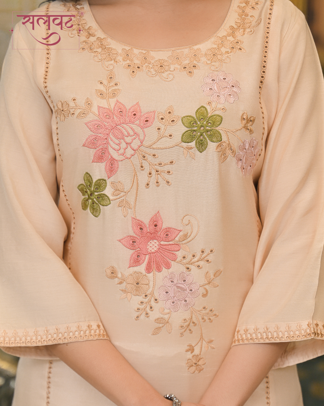 Light Caramel Embroidered Kurta Set With Printed Dupatta