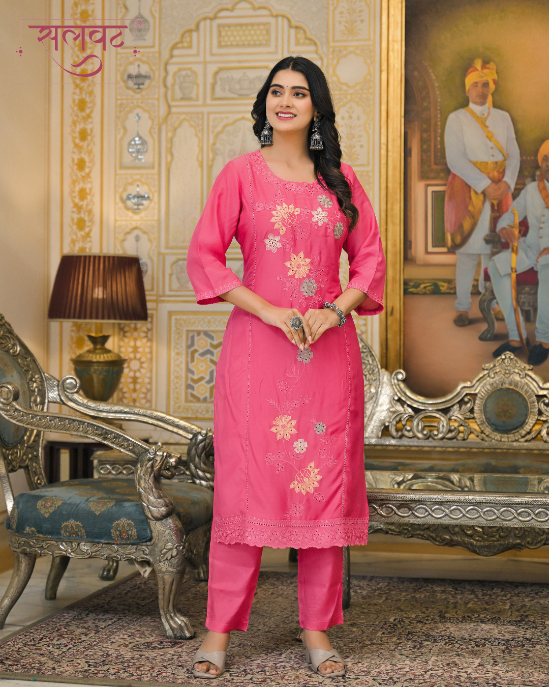 Carnation Blush Embroidered Kurta set with Printed Dupatta