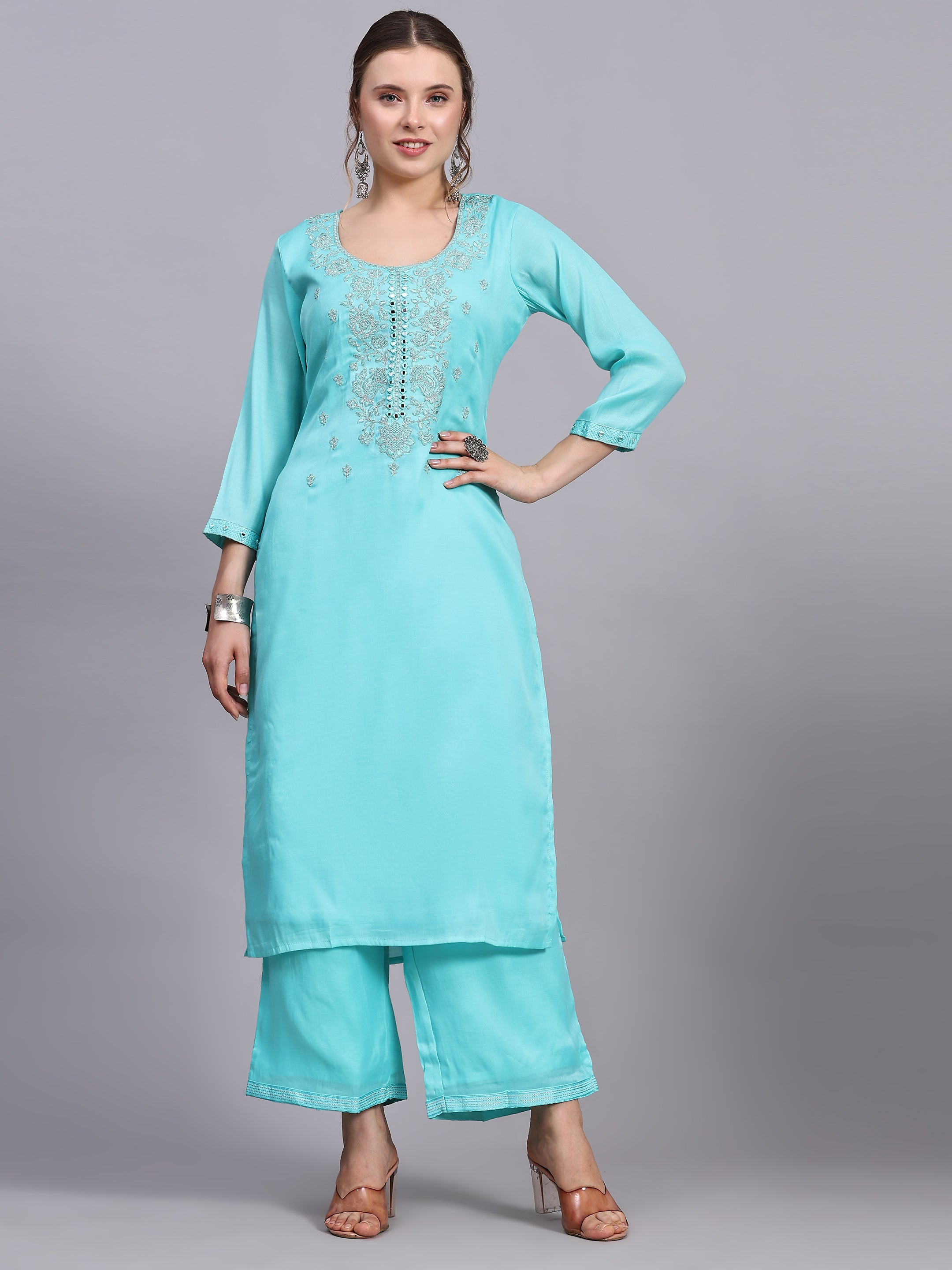 Turquoise zari work suit set