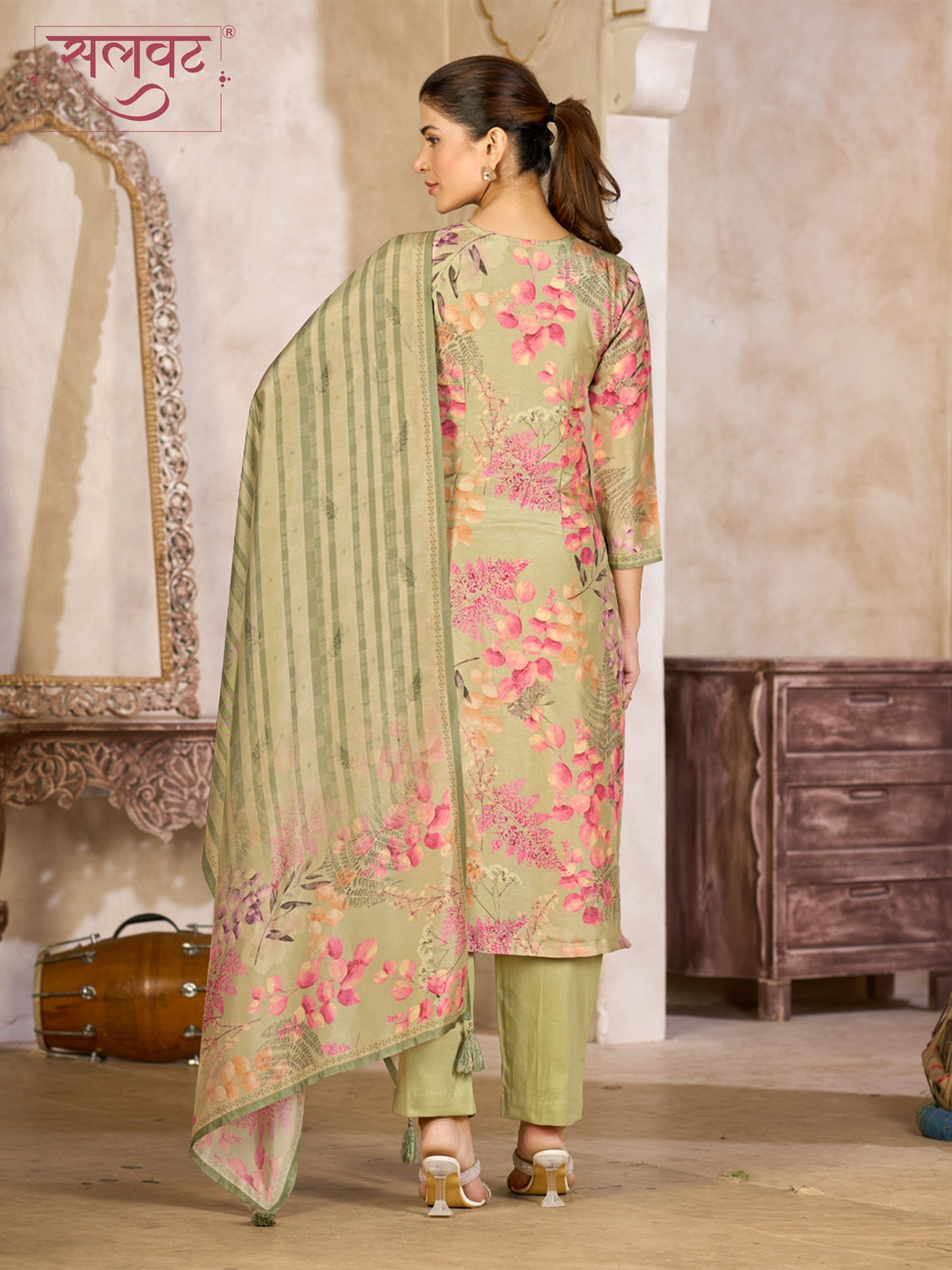 Pistachio Green Viscose Kurta Set with Floral Printed Work, Paired with Cambric Cotton Bottom and a Matching Viscose Dupatta
