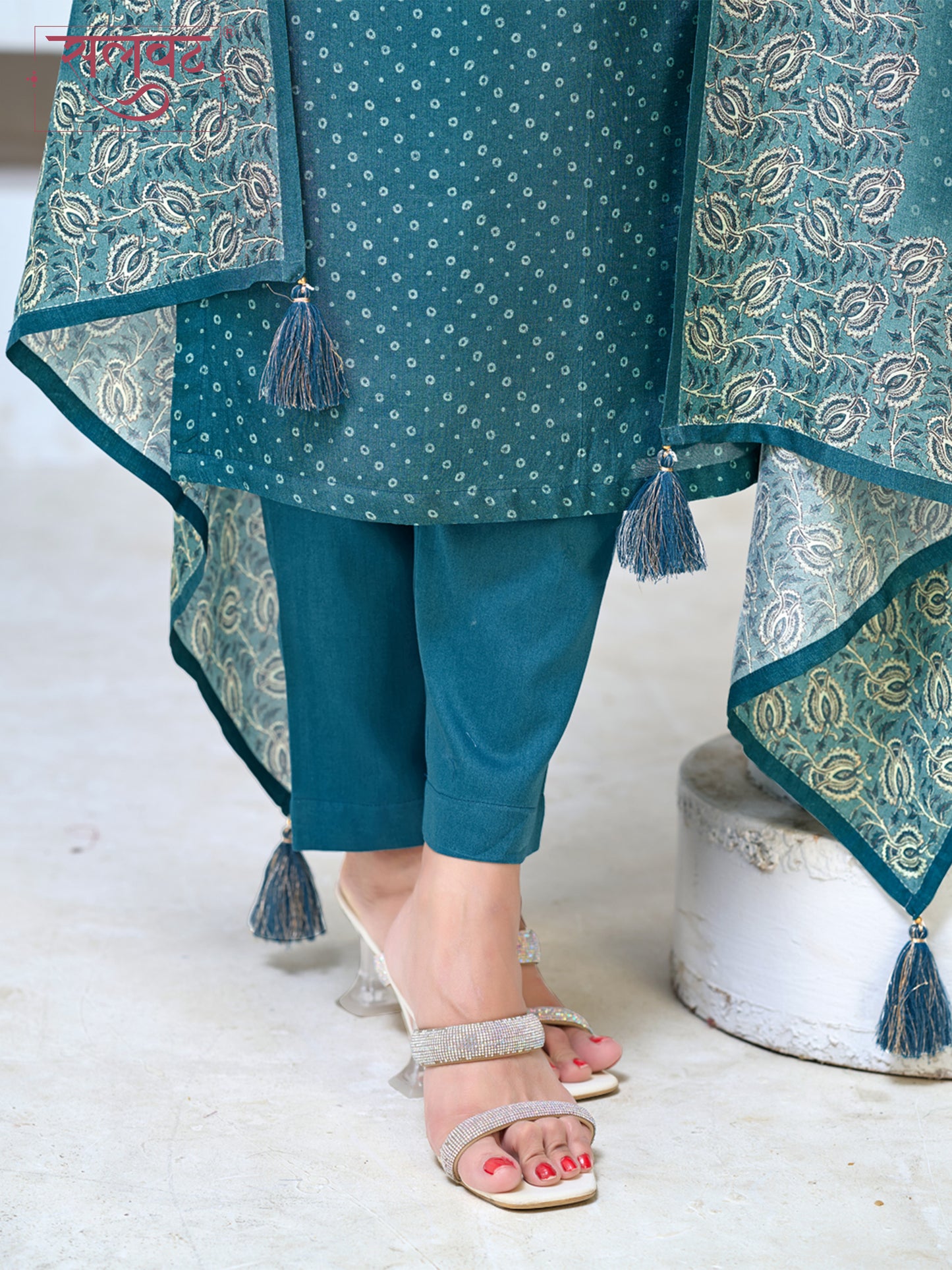 Teal Blue Viscose Kurta Set with Intricate Printed Detailing, Paired with Solid Bottom and Jacquard Dupatta