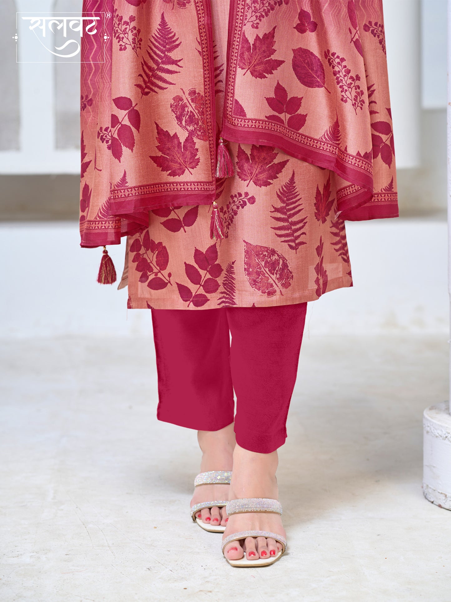 Blush Pink Viscose Kurta Set with All Over Printed Work, Paired with Cambric Cotton Bottom and a Matching Viscose Dupatta