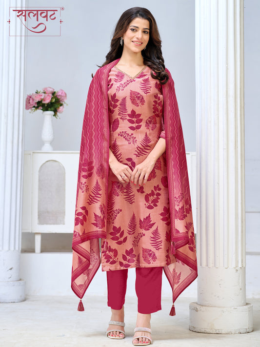 Blush Pink Viscose Kurta Set with All Over Printed Work, Paired with Cambric Cotton Bottom and a Matching Viscose Dupatta