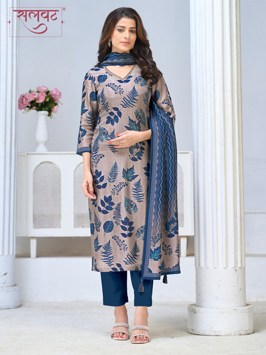 Beige Blue Viscose Kurta Set with All Over Leaf Printed Work, Paired with Cambric Cotton Bottom and a Matching Viscose Dupatta
