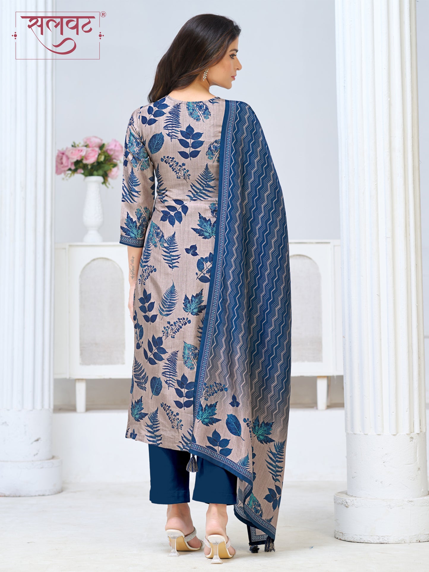 Beige Blue Viscose Kurta Set with All Over Leaf Printed Work, Paired with Cambric Cotton Bottom and a Matching Viscose Dupatta
