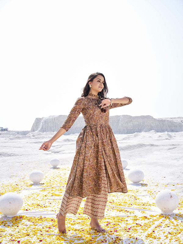 brown flared kurta set - salwat