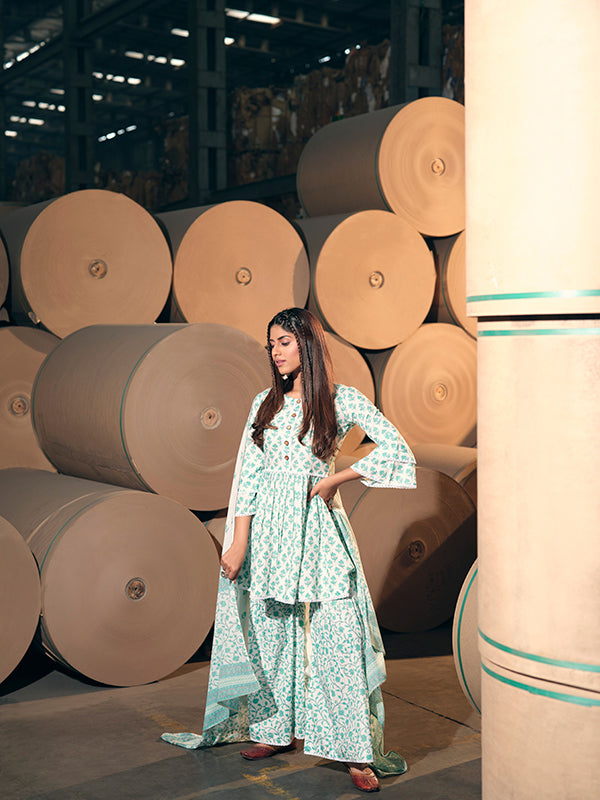 Turquoise & White Cotton Sharara Set