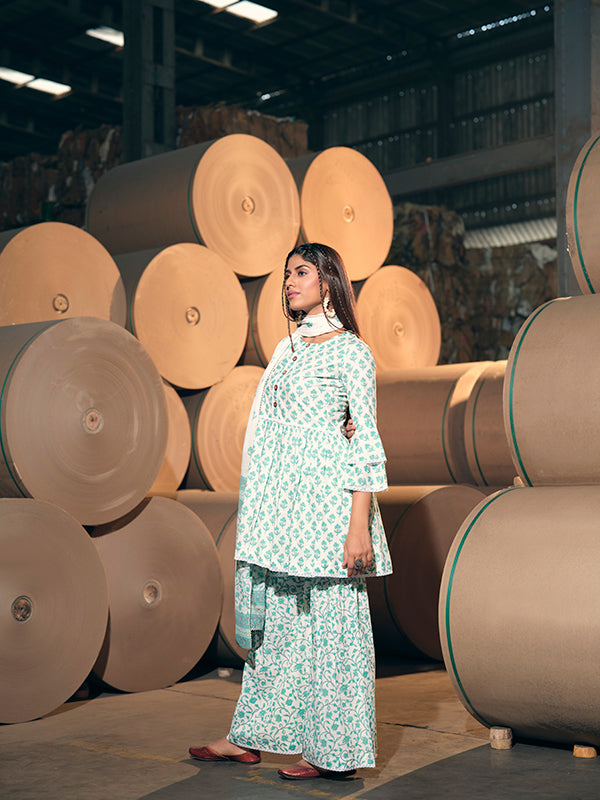 Turquoise & White Cotton Sharara Set