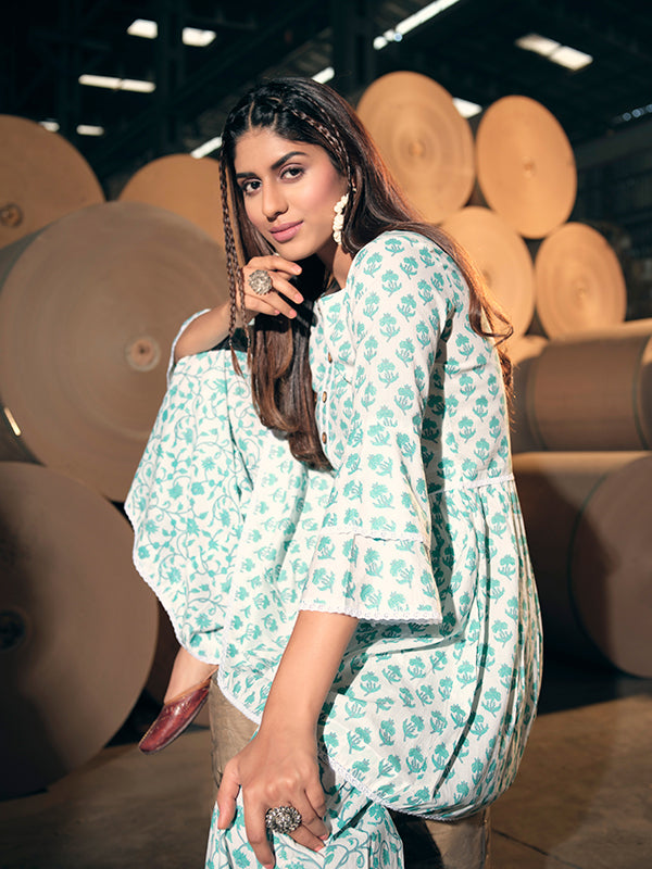 Turquoise & White Cotton Sharara Set