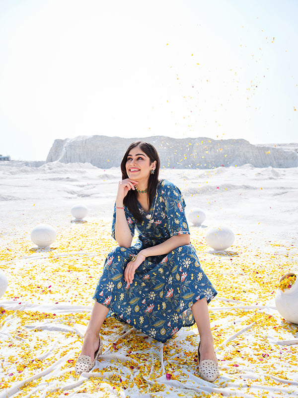 Blue Cotton Printed Midi Dress